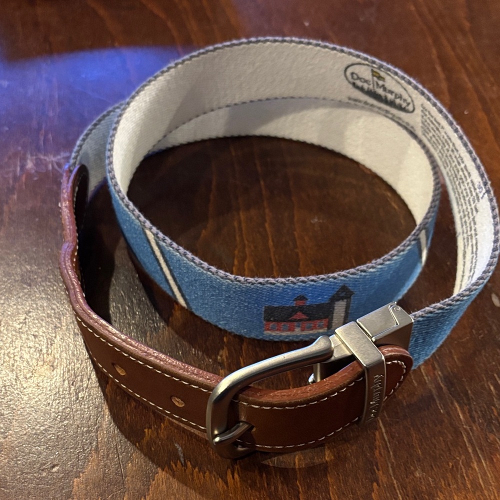 Doc Murphy Stylish Brown Leather and Blue Fabric Men's Belt 30 to 34 cut to size